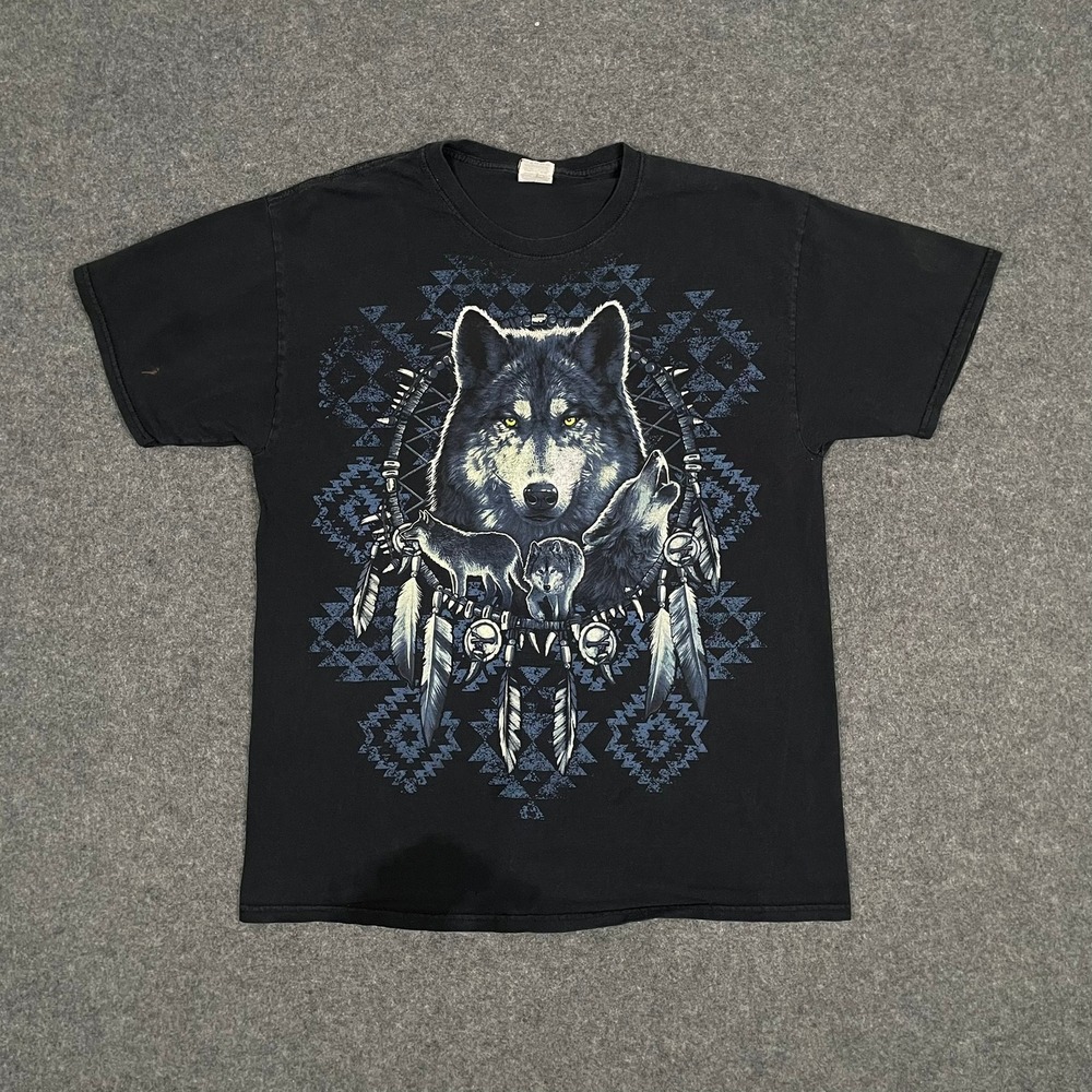 Vintage Wolf Dreamcatcher T Shirt Mens L Black Tribal Nature Distressed Tee